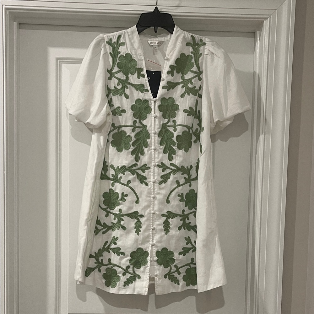 Crown & Ivy White Dress with Green Embroidery